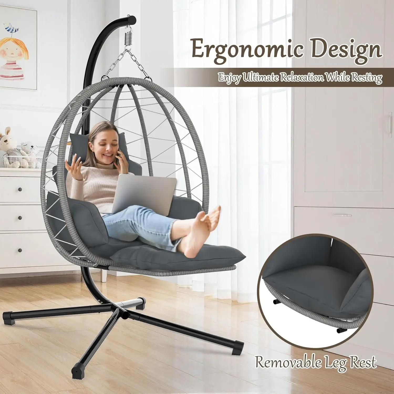 Hanging Egg Chair with Stand & Leg Rest, Rattan Wicker Swing Chair with UV Resistant Cushion and Pillow, for Indoor Outdoor