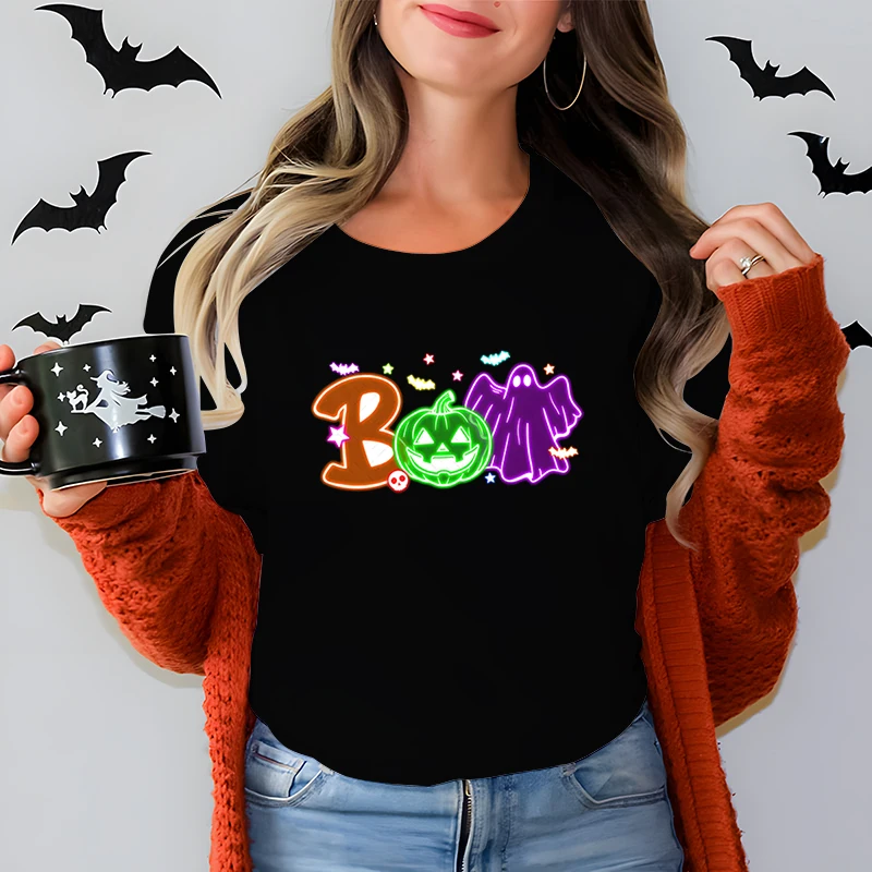 Halloween Ghost Neon Design Classic T-shirt Boo Pumpkin Ghost T-shirt Female Colorful Halloween Design Round Neck Women Clothing