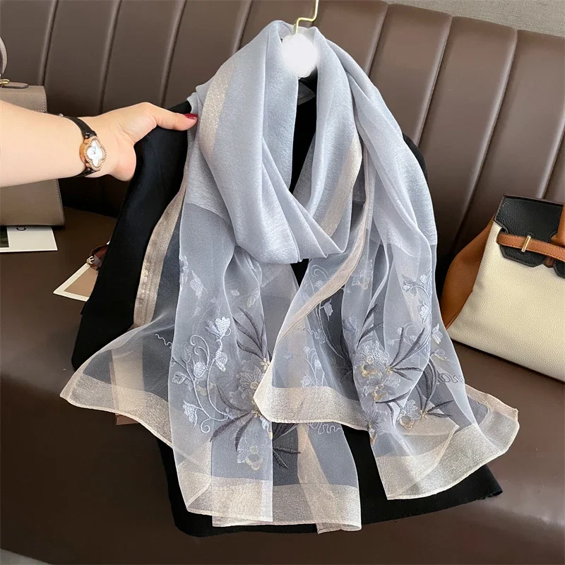 Scarf for Women Wraps Female Luxury Brand Embroidery Flowers Hijab Silk Shawl Headkerchief Bandanas Fouloud Echarpe Decor 2024