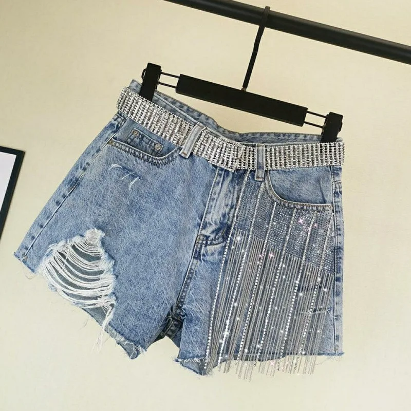 

Europe America Style Shorts High Waist Wide Legs Denim Shorts Rhinestones Tassels Holes 2025 Summer New Shiny Women's Clothing
