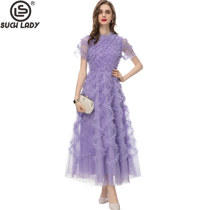 Women's Runway Dresses O Neck Short Sleeves Ruffles Plaid Polka Dots Elegant Mesh Designer Party Prom Vestidos