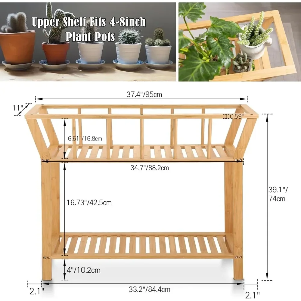 Bamboo Shelf Table 2 Tiers Tall Window-sill Plant Pot Organizer Holder Sofa Side Table for Indoor Living Room Entryway 37.4