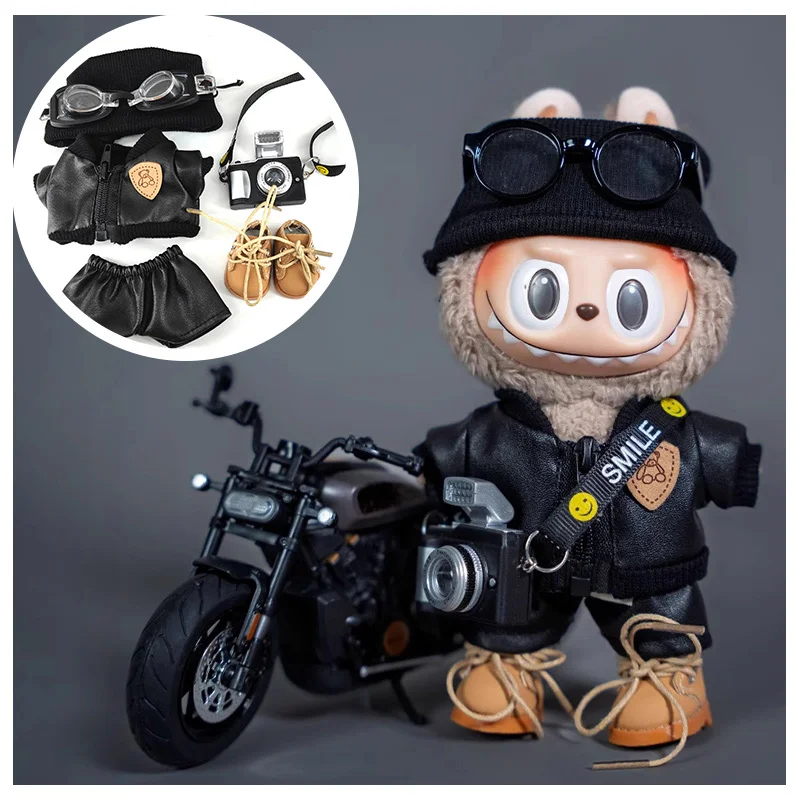 

Комплект одежды для куклы Лабубу: костюм мотоциклиста, маленькая кожаная одежда, 15 см, виниловая кукла, крутой комплект одежды, аксессуары для кукол