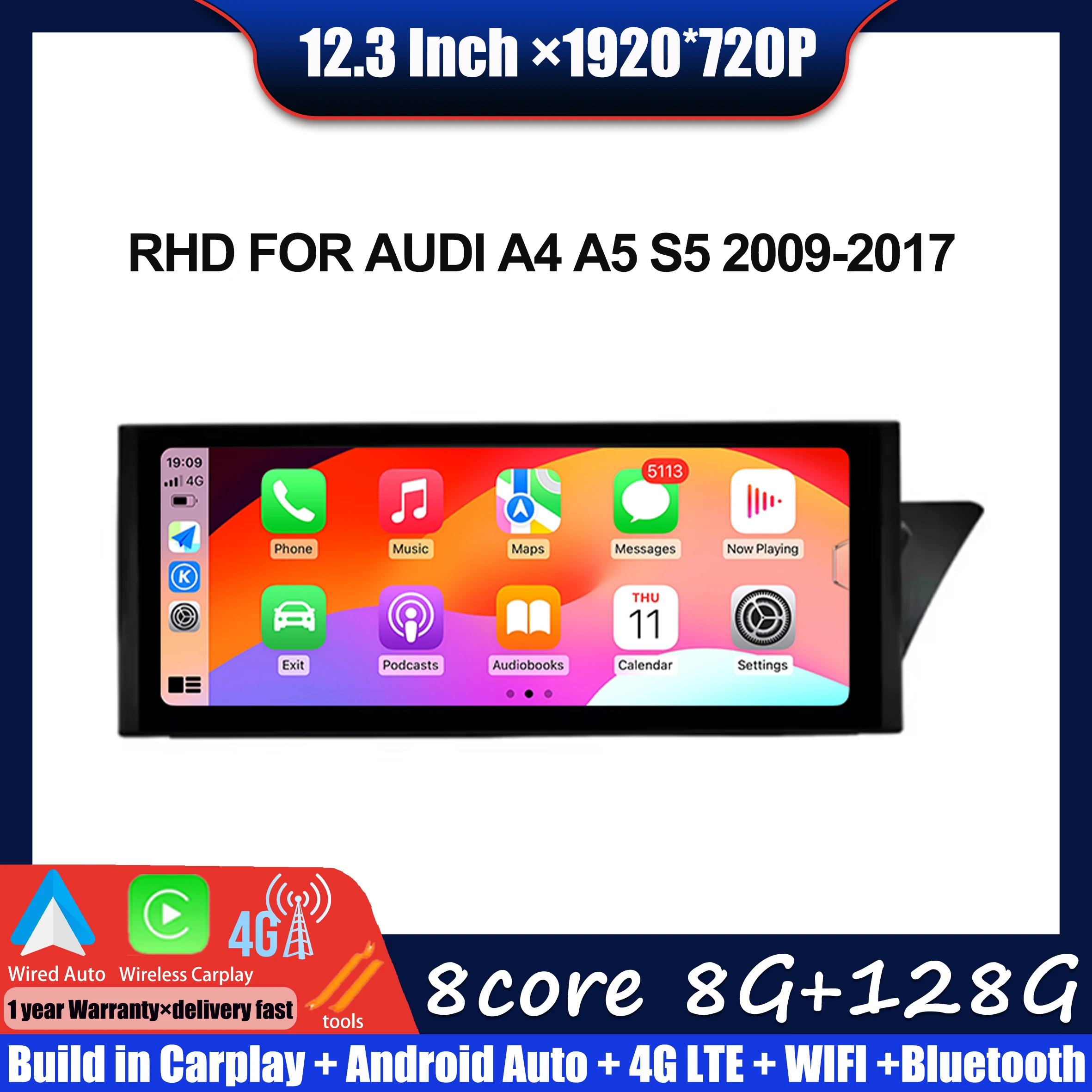

12.3 " Touch Screen RHD FOR AUDI A4 A5 S5 2009-2017 Android 14 Car Carplay Monitor Stereo Speakers Radio Multimedia Player Tools