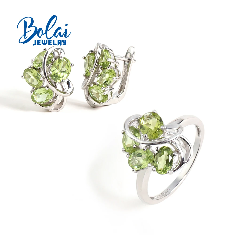 

S925 silver clasp ring earring silk ribbon design Natural green Peridot gemstones set fine jewelry for women banquet gift
