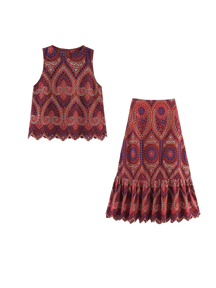 

HH Woman Fashion Sleeveless Round Neck Short Tops+Side Zipper Pleated Midi Skirt Casual Hollow Embroidery Spring Two Piece Set