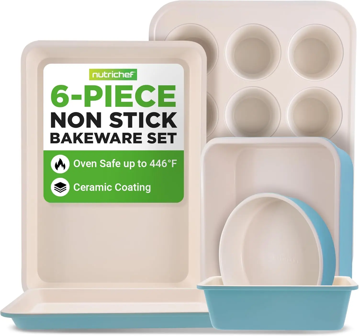 

6-Piece Baking Pan Set with Ceramic Nonstick Coating, Includes Muffin, Cake, Loaf, and Cookie Pans in Turquoise