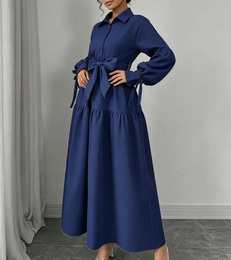 Women Navy Blue Shirt Dress Long Sleeve Button Front Bow Tie Waist Tiered Ruffle Hem Maxi Dress Elegant Casual Party Dress 2026