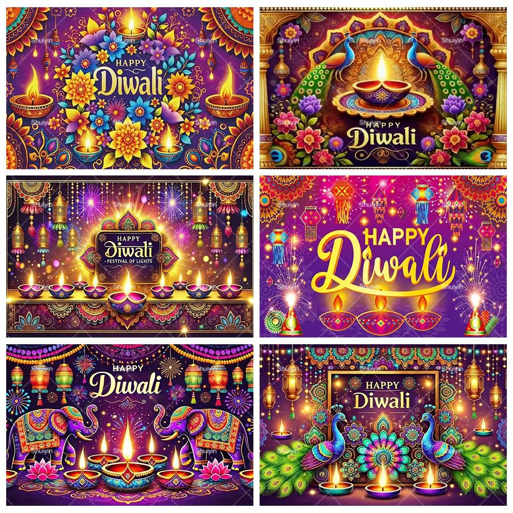 

Indian Diwali Backdrop Peacock Candle Hinduism Traditional Deepavali Decorations Banner Party Supplies Photography Background