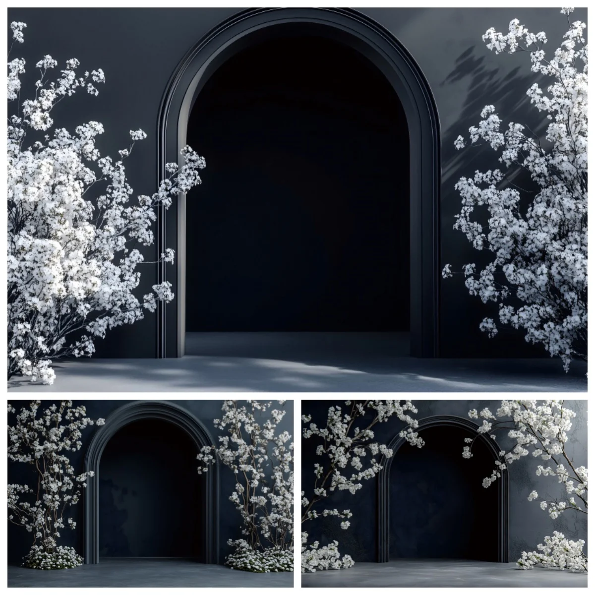 

Фон для фотосессии: черный арт-портрет, винтажная арочная стена, белые цветы, платья для беременных