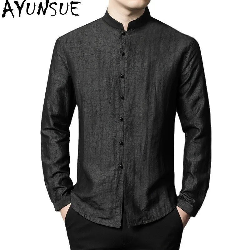 AYUNSUE High-end 100% Real Mulberry Silk Shirt Men Clothing Spring Autumn 2026 Long Sleeve Shirts Luxury Gauze Silk Tops Casual