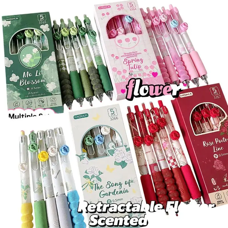 Stylos gel rétractables à imprimé floral 3D, prise en main souple antidérapante, pointe fine de 0,5 mm pour les étudiants, les études, le travail de bureau, la prise de notes