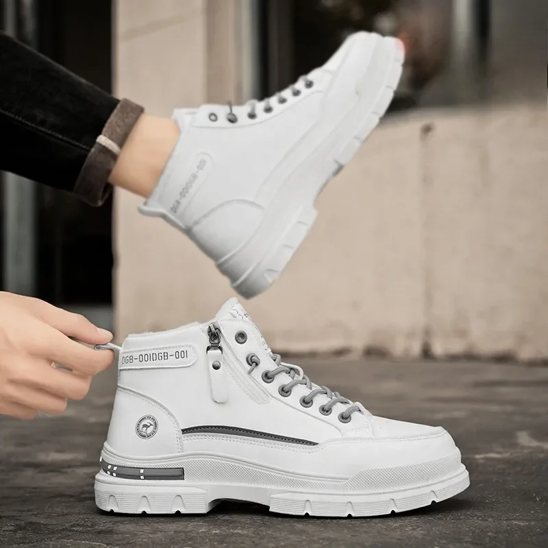 Winter Mens Warm Ankle Boots Fashion Versatile White Leather Shoes Outdoor Non-slip Sneakers for Man Motocycle Snows Boots Botas