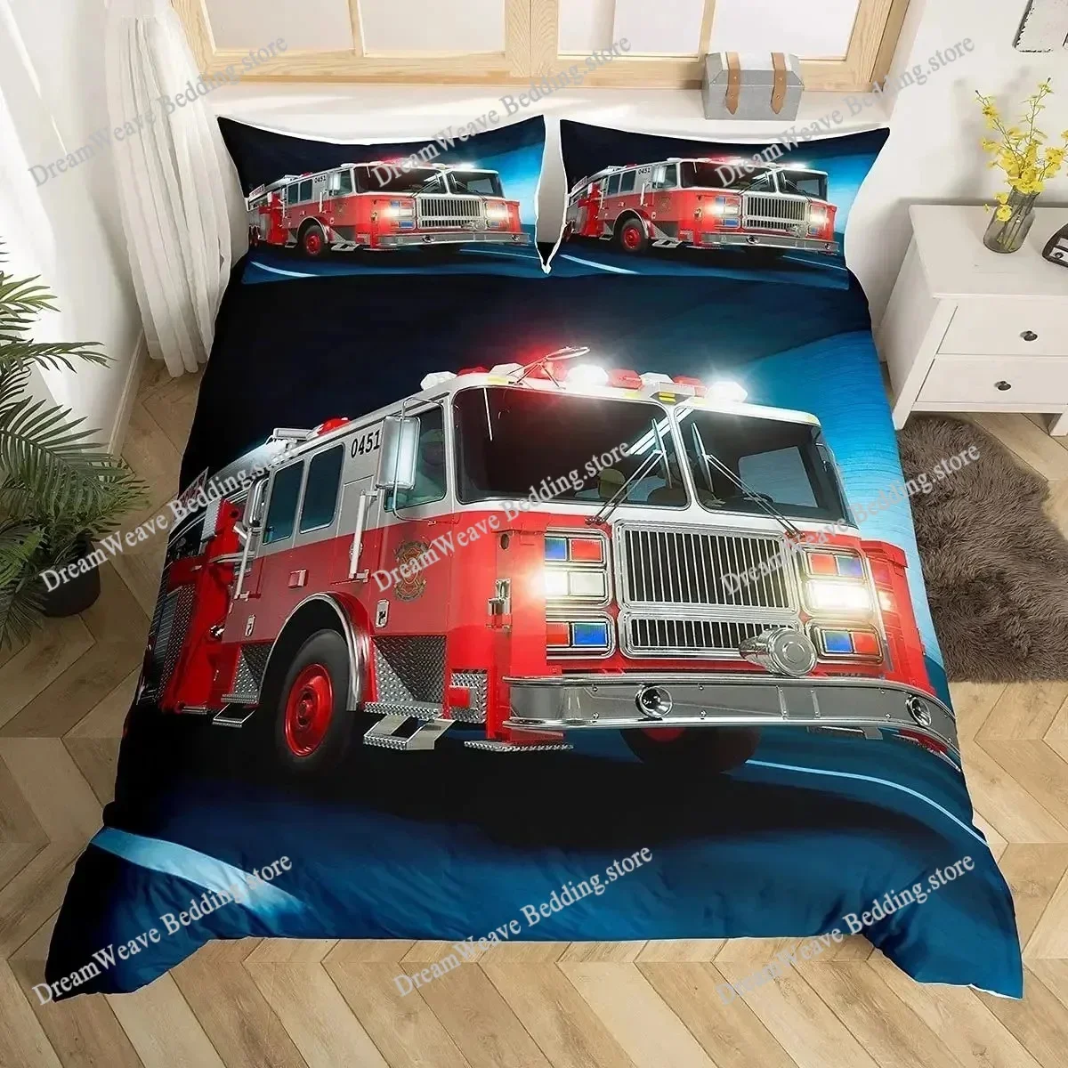 Firefighter Car Duvet Cover Set,Fire Truck Bedding Set King, Honeycomb and Fire Comforter Cover Fire Engine Vehicle Quilt Cover