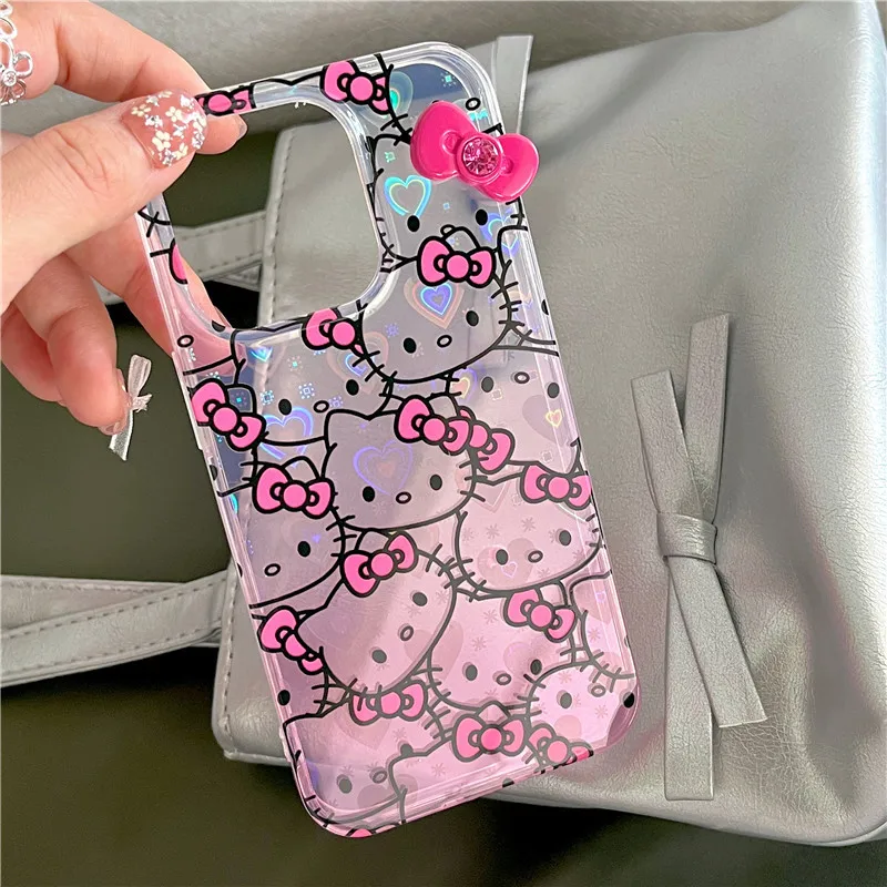 Hello Kitty Bow Full Screen KT Gradient Phone Case for Cute IPhone 15 14 13 Pro Max XR Y2K Anime Sanrio Anti-fall Cover Gift