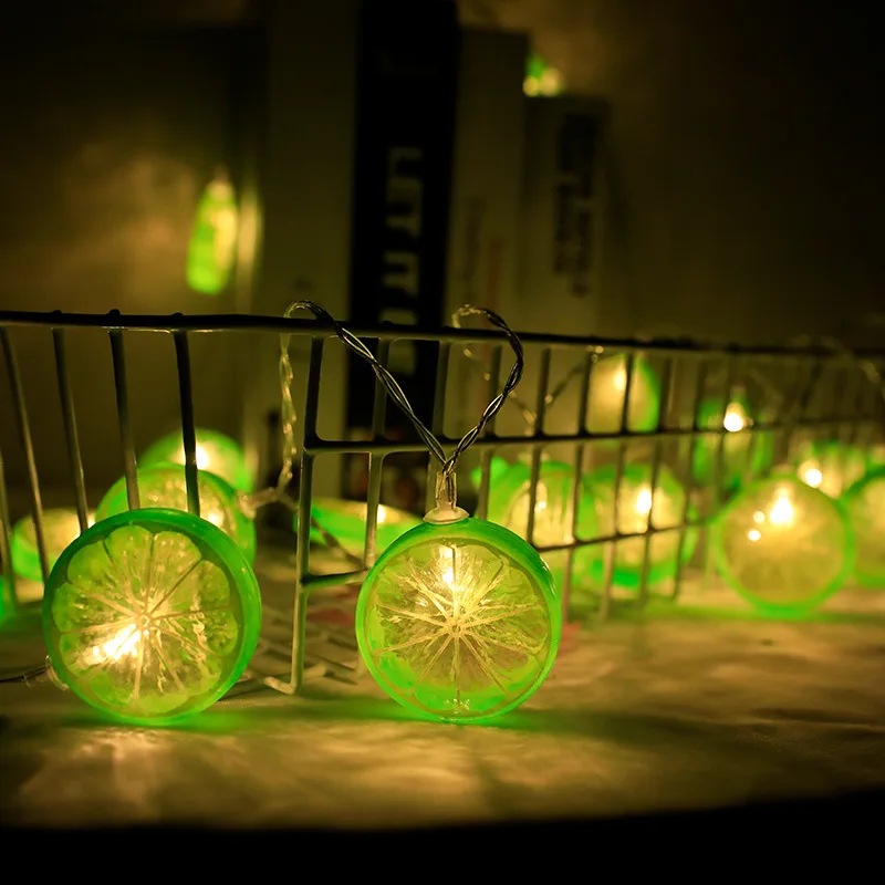 Green Lemon LED String Lights, atmosfera interior, decoração de Natal, luzes de bateria, festa, Happy New Year Room, 087