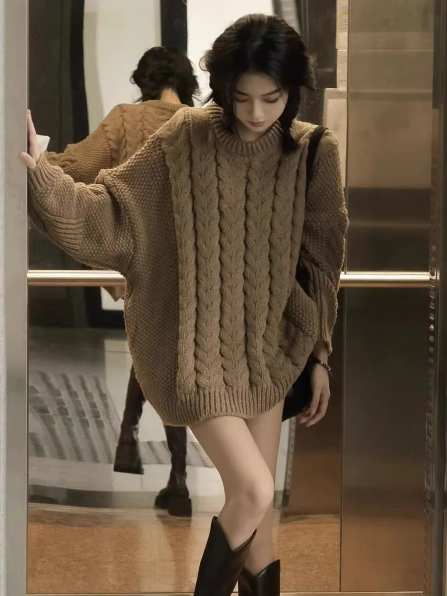 

Fall Winter Women's Knitwear Loose Fit Versatile Chunky Needle Corduroy Lazy Sle Outerwear round Ne Pullover Commute Sle