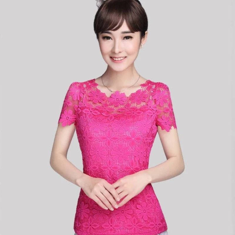 여름 여성 섹시 플로럴 레이스 슬림핏 셔츠 여성 우아한 캐주얼 반팔 티셔츠 탑