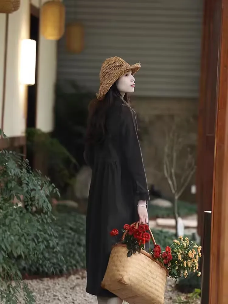 Vestido camisero de algodón negro Vintage 2025, nuevo otoño, cuello levantado, cintura alta, suelto, manga larga, Maxi vestidos femeninos F23