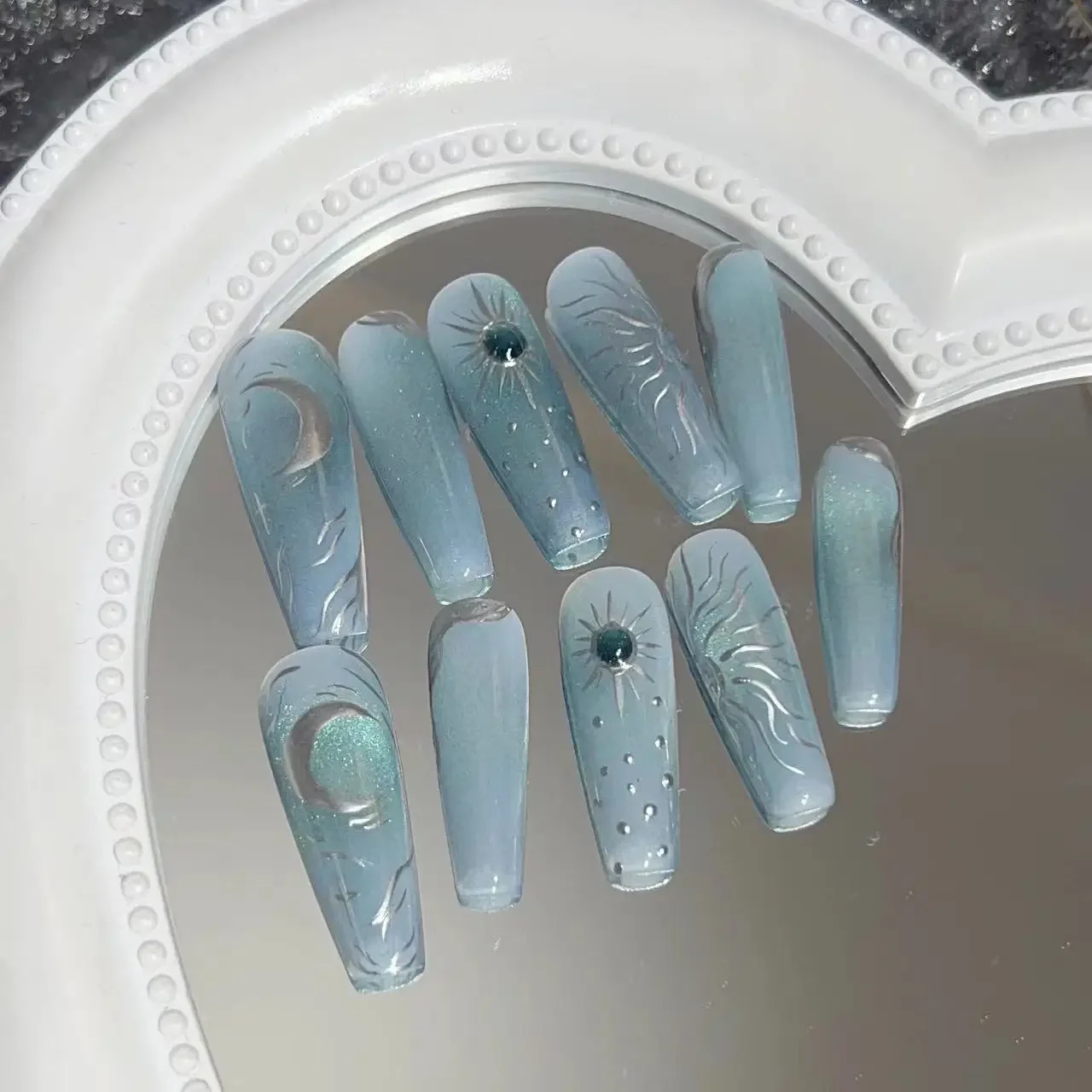 10 Pieces Sun Moon and Stars Press on Nails Handmade Blue Nude Cat Eye Blush Gradient Fake Nail Patches Removable