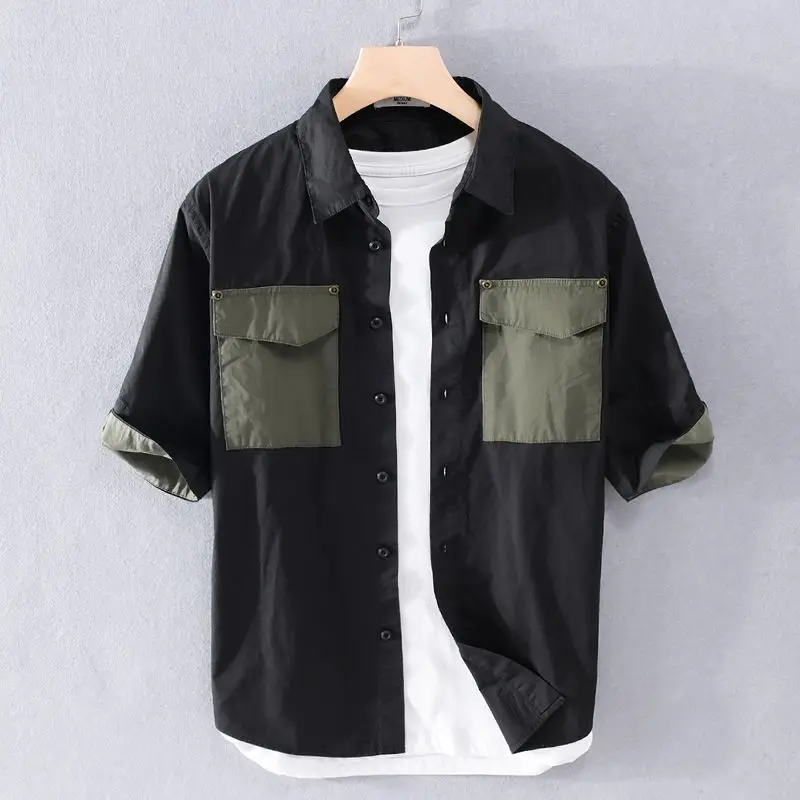 2024 Summer Minimalist Casual Loose Oversize Fashionable Lapel Color Blocking Patchwork Versatile Short Sleeved Shirt for Men