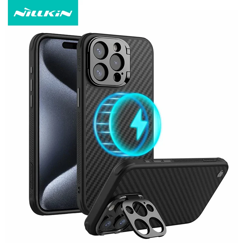 For iPhone 15 Pro Max Case Nillkin CarboProp Aramid Fiber Anti-Slip Kevlar Aluminium Alloy Camera Stand Cover for iPhone15 Pro