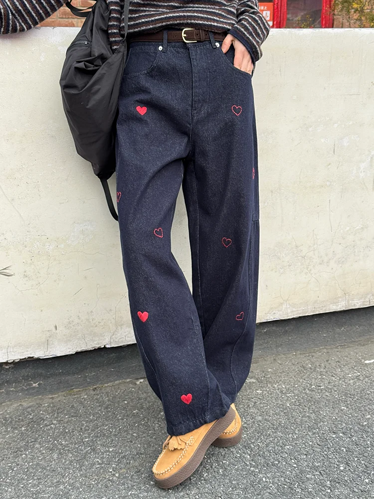 

Blue Embroidered Wide Leg Jeans Women's Casual Pants Spring New Sle Small Size Long Trousers l Waist Button Closure