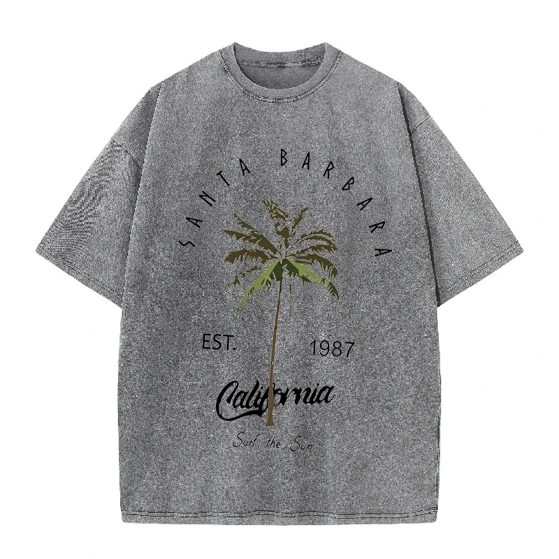 Camiseta vintage con estampado de palmeras de California, camiseta retro de algodón lavado de Santa Bárbara