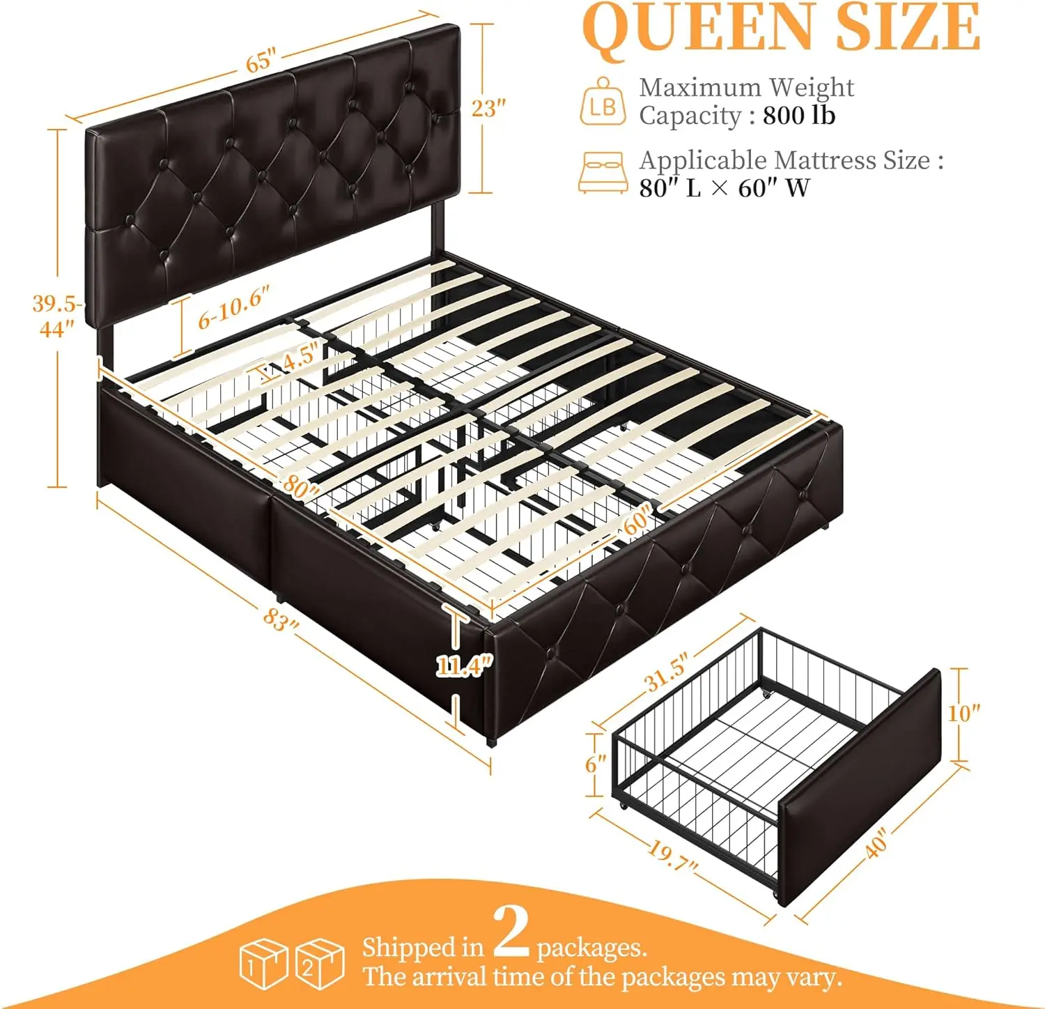 Queen Size Upholstered Bed Frame with 4 Drawers and Adjustable Headboard, Faux Leather Platform Bed with Mattress Foundation