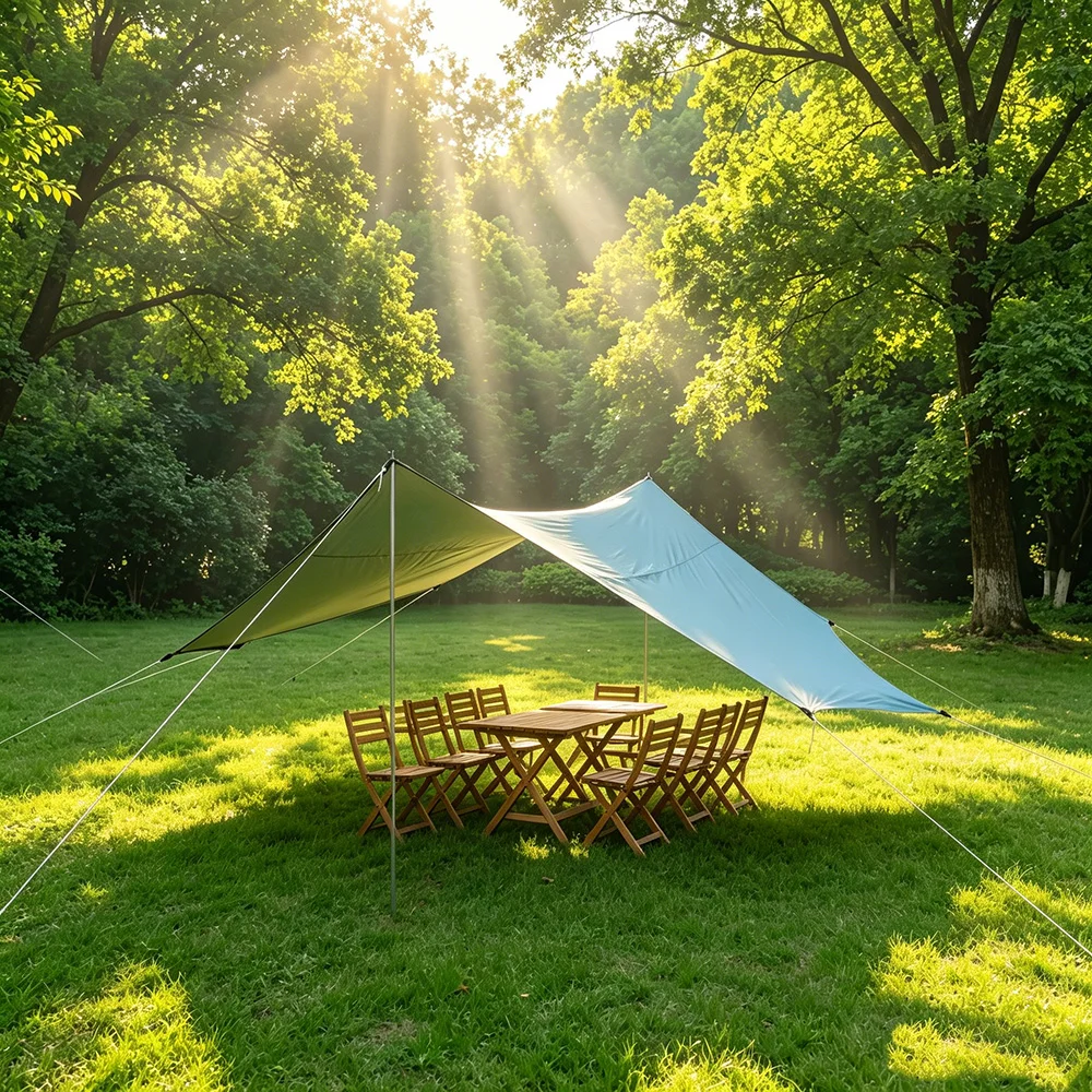 Große achteckige Campingplane 5,1x5,1m, silberbeschichtet, wasserdicht, Sonnenschutz (mit 2,8m Stangenset / 17x17ft Planenmaterial) – Detail 2