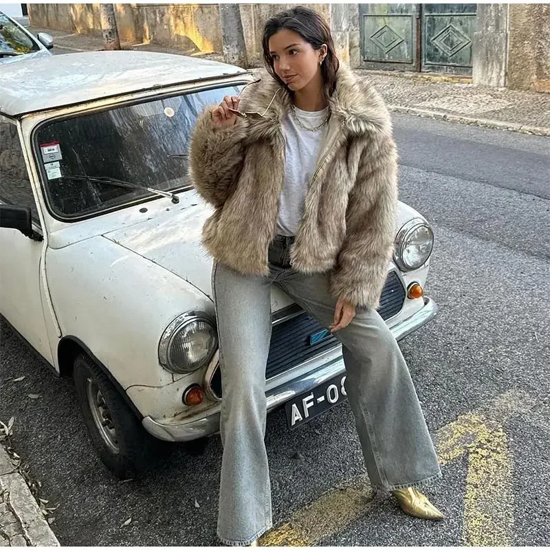 2024 inverno novo casaco de pele fofo feminino casual lapela manga longa pele do falso jaqueta cortada feminino macio grosso quente curto outerwear