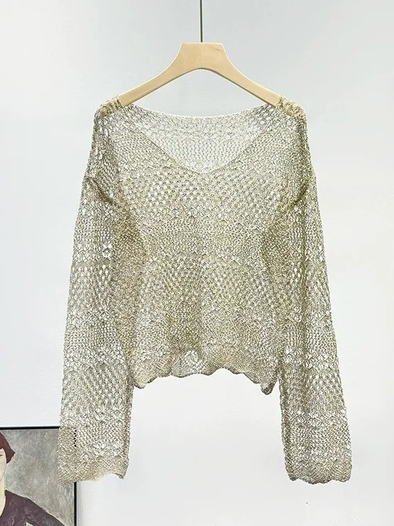 

High-End Version Summer Net Surface Hollow out Knitted irt Women's Svel round Ne Two-Piece Set Gilded Me Cover up