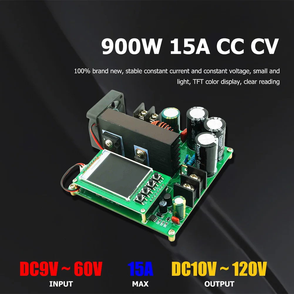 900W 15A Step Up Converter Booster TFT Digital Display DC-DC DC Converter 8-60V To 10-120V Constant Current Voltage for DIY