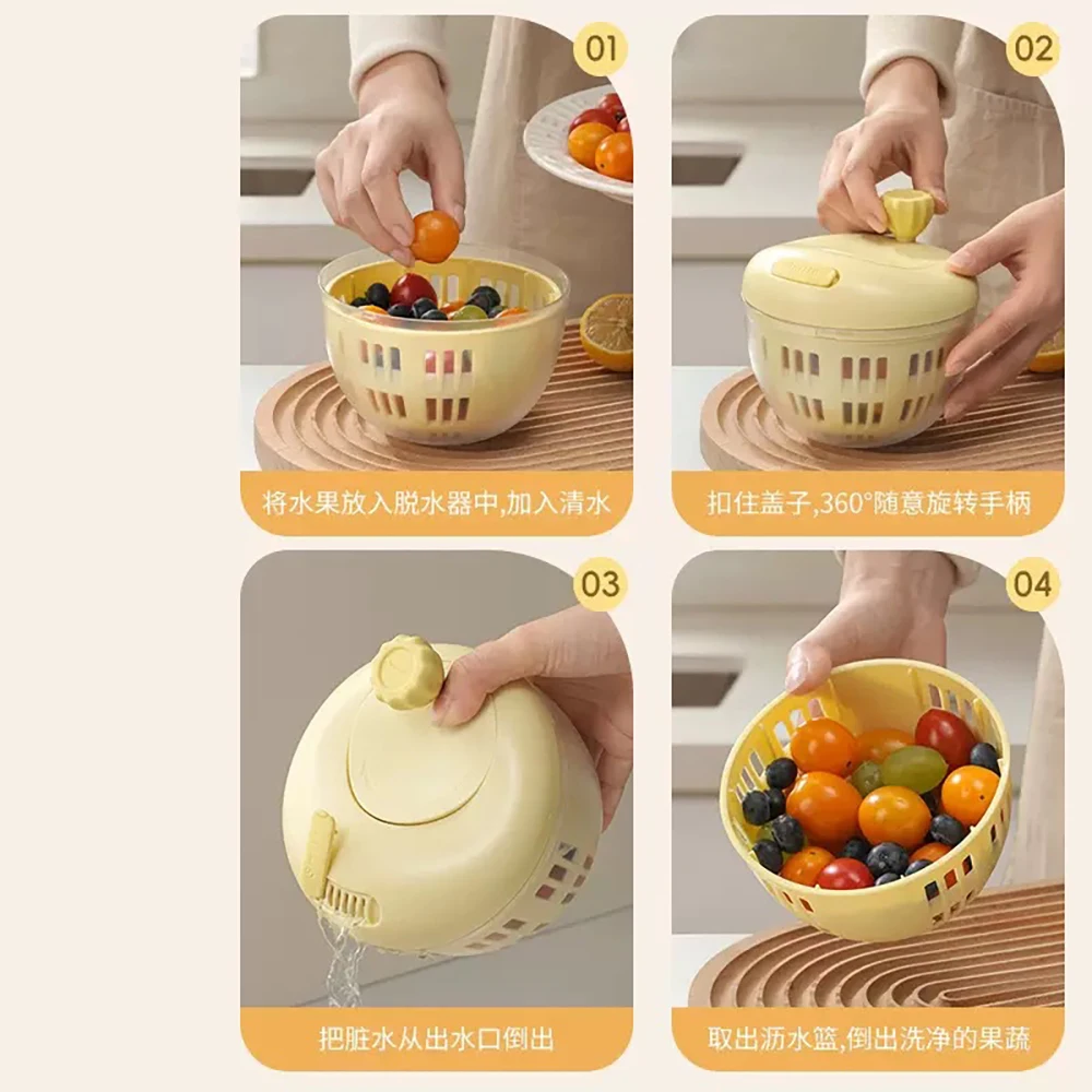 Double-Layer Fruit Vegetable Drain Basket with Lid Multifunctional Fruit Spinner Dehydrator Kitchen Colander Strainer Basin - view 5