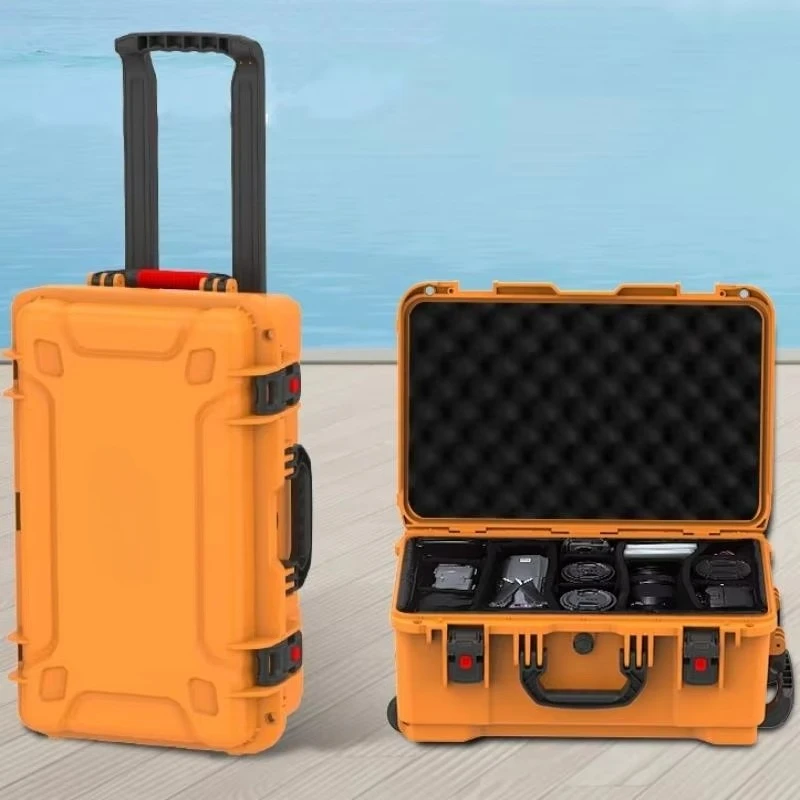 Directional Wheel with Tie Rod Hard Toolbox Large Equipment Protective Box Cutting Foam Plastic Safety Gun case with Handle