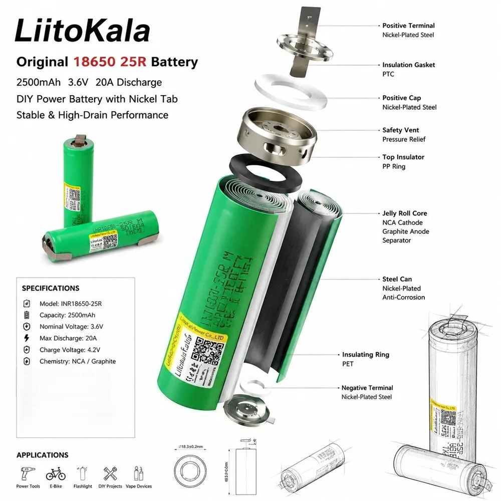 LiitoKala 1-8 szt. Oryginalne baterie 18650 2500mAh INR18650 25R 3.6V, prąd rozładowania 20A, dedykowane baterie do + DIY Nikel — zdjęcie produktu 5