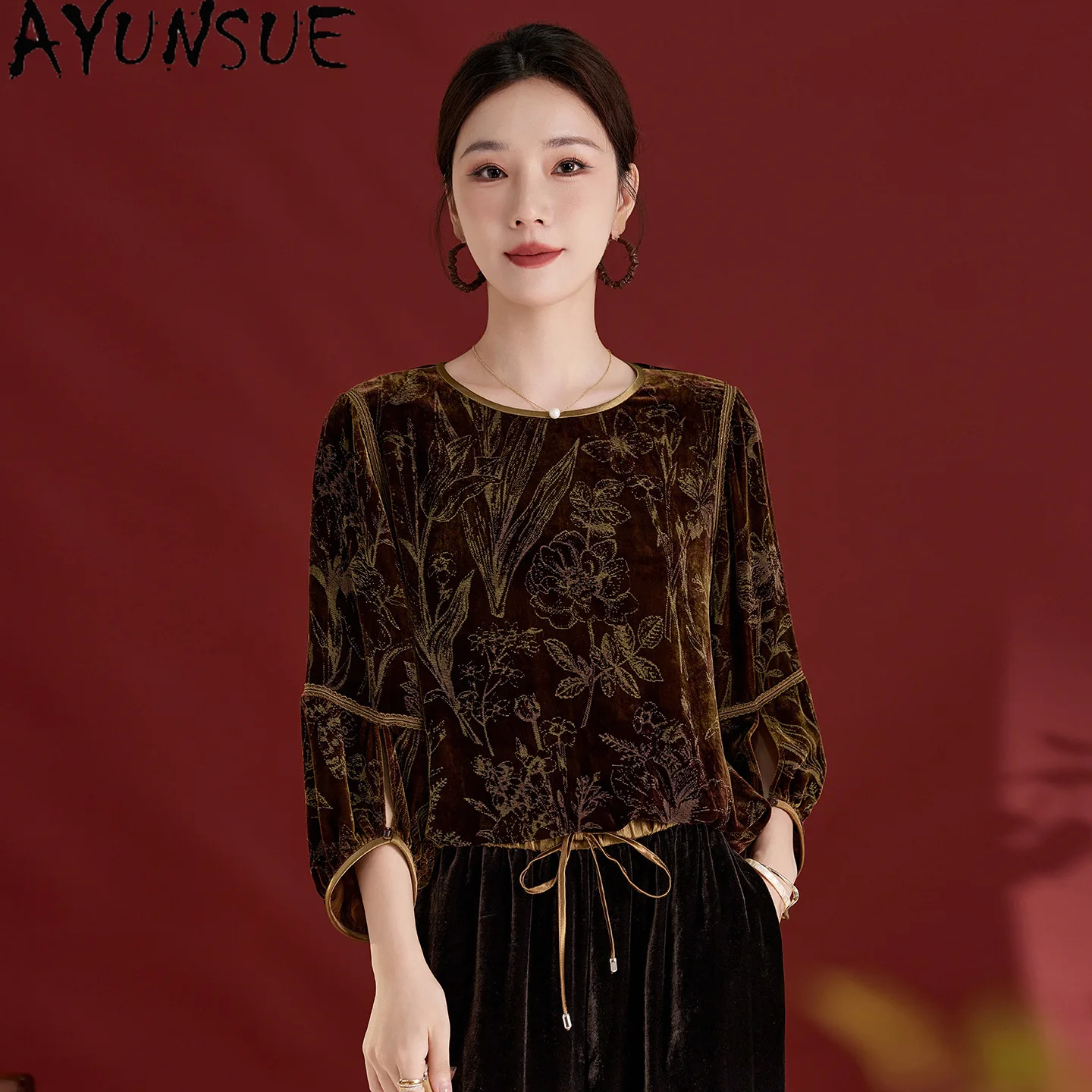 AYUNSUE Real Mulberry Silk Lining Womens Long Sleeve Tops Elegant Autumn Clothes Silk Velvet Women's Tops 2026 New Tops De Mujer