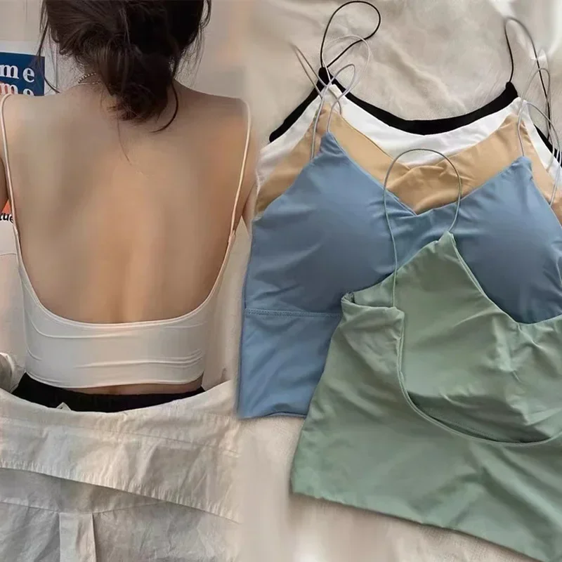 

Sexy Women Crop Tops Ice Silk Summer Bra Sports Spaghetti Strap Vest Top Women Built In Bra Off Shoulder Sleeveless Camisole