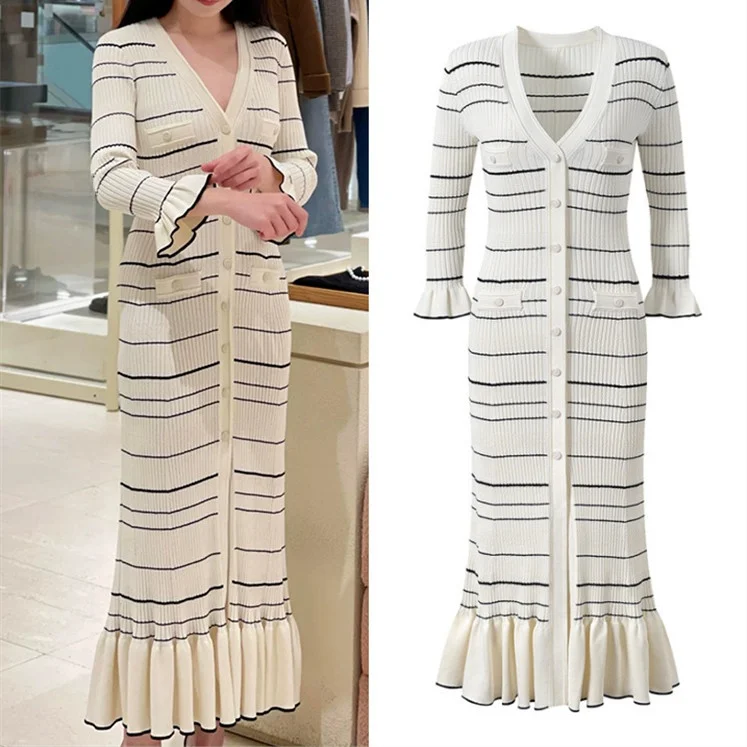 

Элегантное приталенное длинное платье с V-образным вырезом, в полоску, премиум-версия, европейский стиль, женское модное платье с оборками по низу