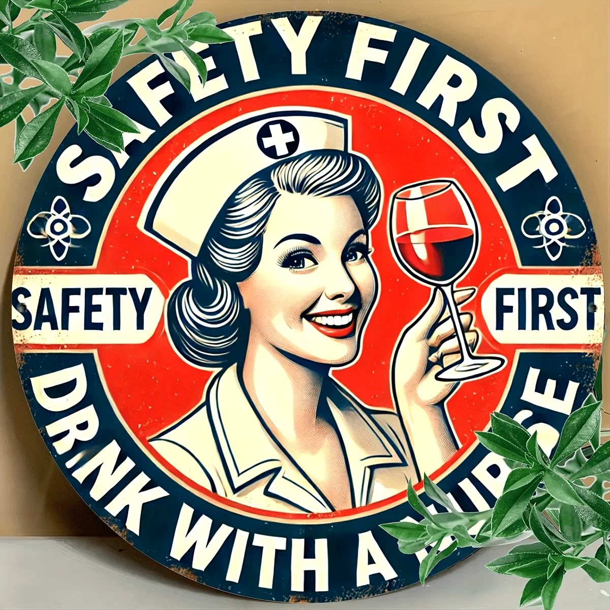【2D Flat】 [2D Flat] 1pc Inch Metal Iron Sign 1pc Safety First Drink with A Nurse Round Sign - Funny Bar Iron Sign Wall Art, No F