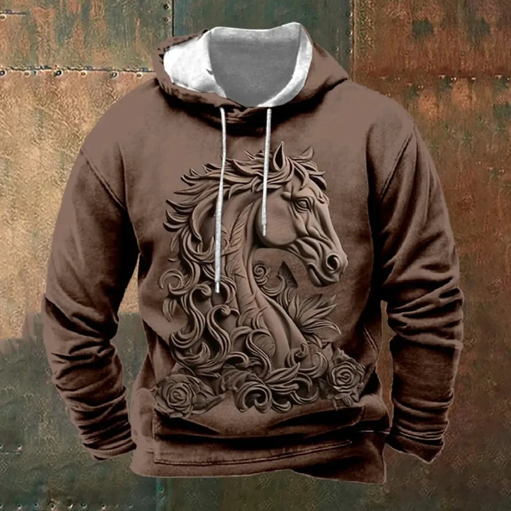 

Vintage Men's Hoodie Western Embossed Horse 3D Print Hooded Sweatshirt Autumn Long Sleeved Hoodies Fashion Hooded Pullover