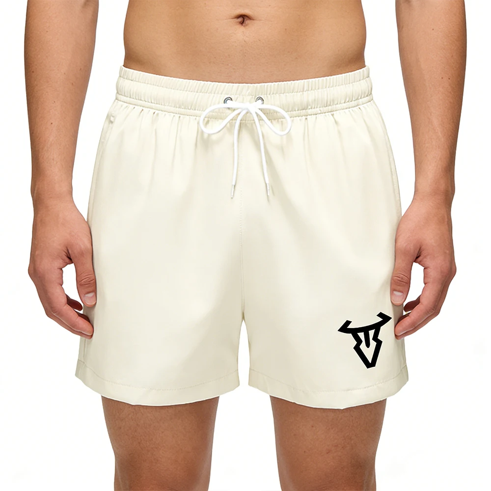 

Летние мужские быстросохнущие пляжные шорты из легкой дышащей ткани с завязками на талии и карманами, простой графический принт с головой быка