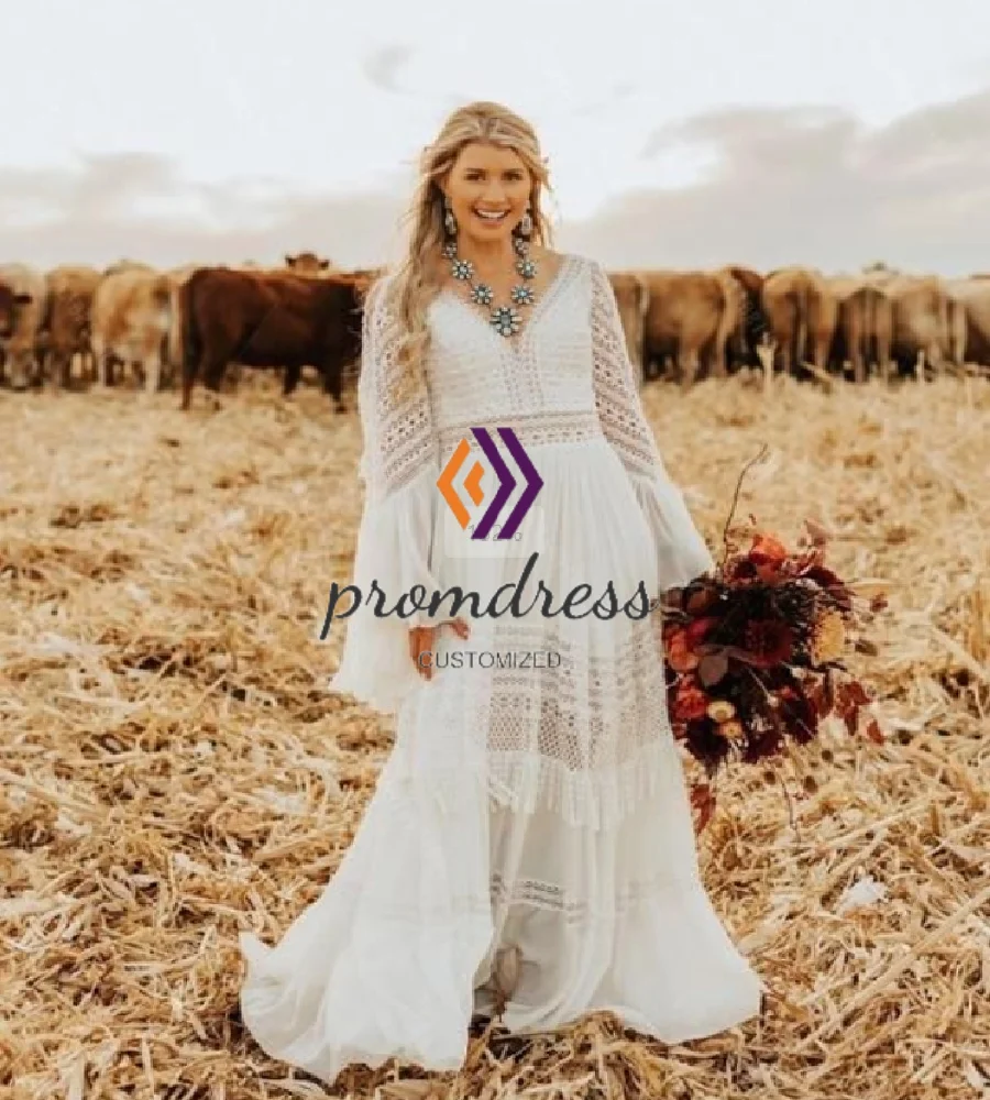 Fringe Bohemian Lace Wedding Dress hippie Long Sleeve Civil Boho Bride Dress Gatsby Celtic Viking Bridal Gown Sleek Beach 2025