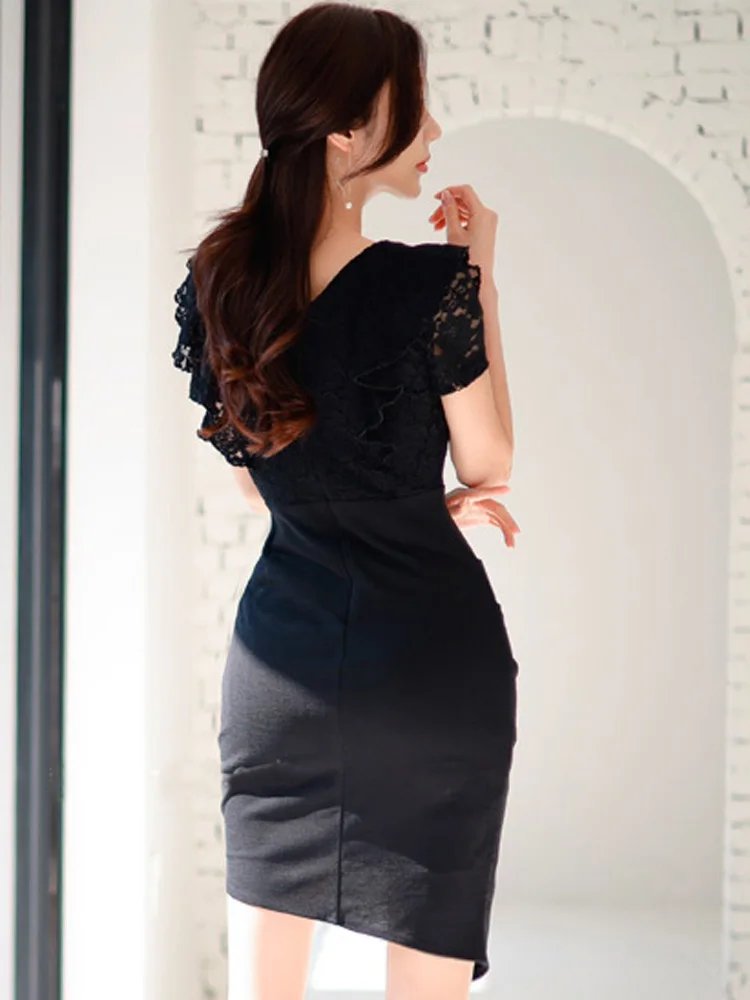 Black Elegant Office Lady Dress Summer Simple High Waist Lace Paneled Square Neck Puff Sleeves Temperament Tight Mini Dress