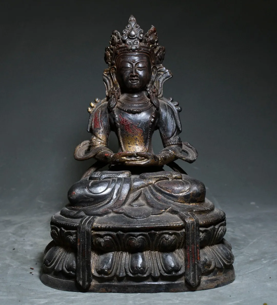 Tibetan Old Yellow Copper Mud Gold Vermilion Sand Painted Longevity Buddha Guanyin Tara Ornament Home Buddhist Hall Supplies Col