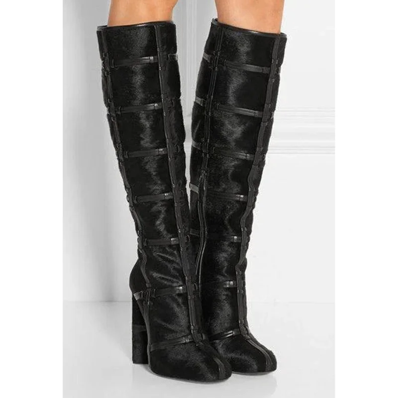 checkered Leather Pathwork Knee High Boots Sexy Round Toe Zipper Square Heel Customized New Arrivals Fashion Women Modern Boots