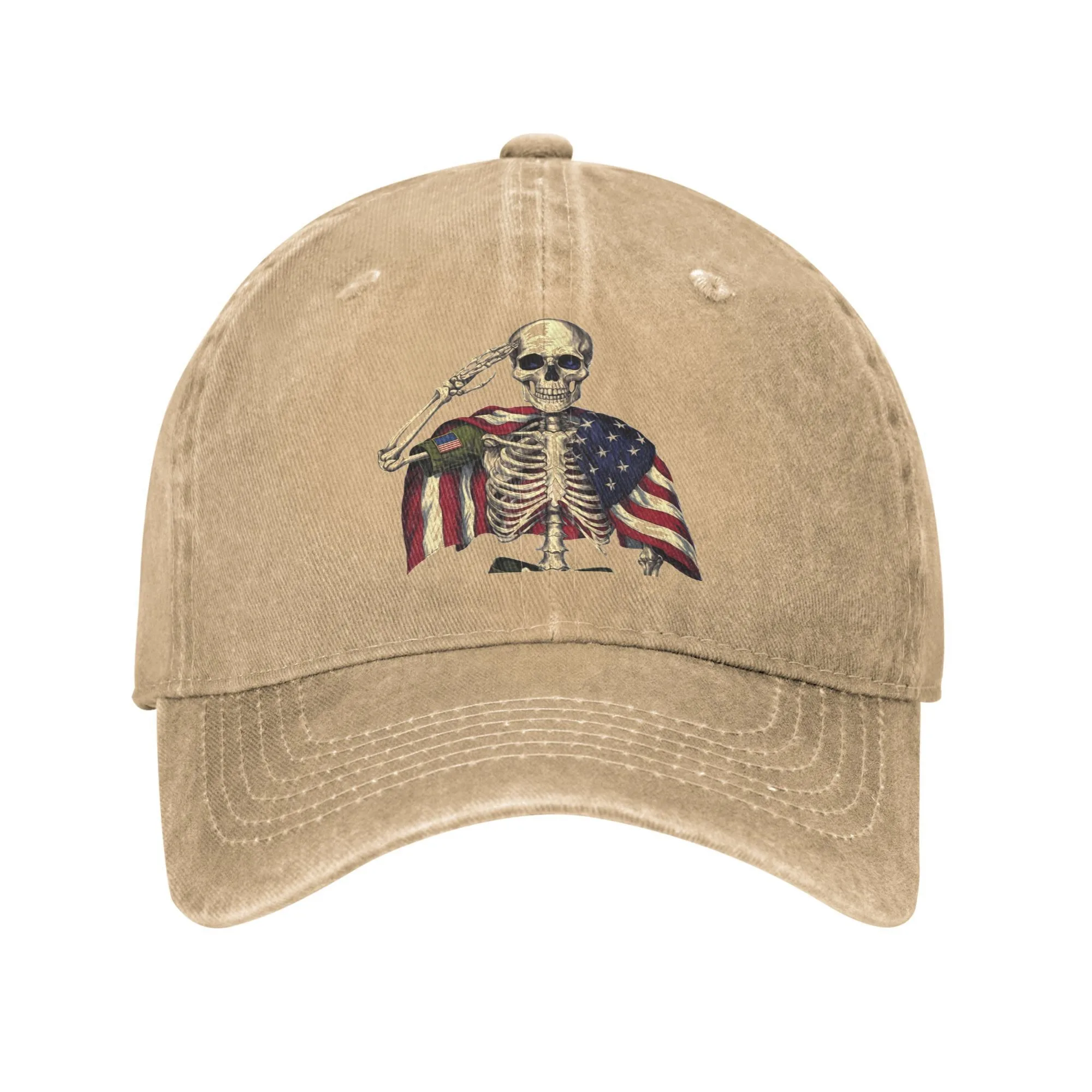 Saluting Skeleton American Flag Washed Baseball Cap Unisex Adjustable Casual Outdoor Hat