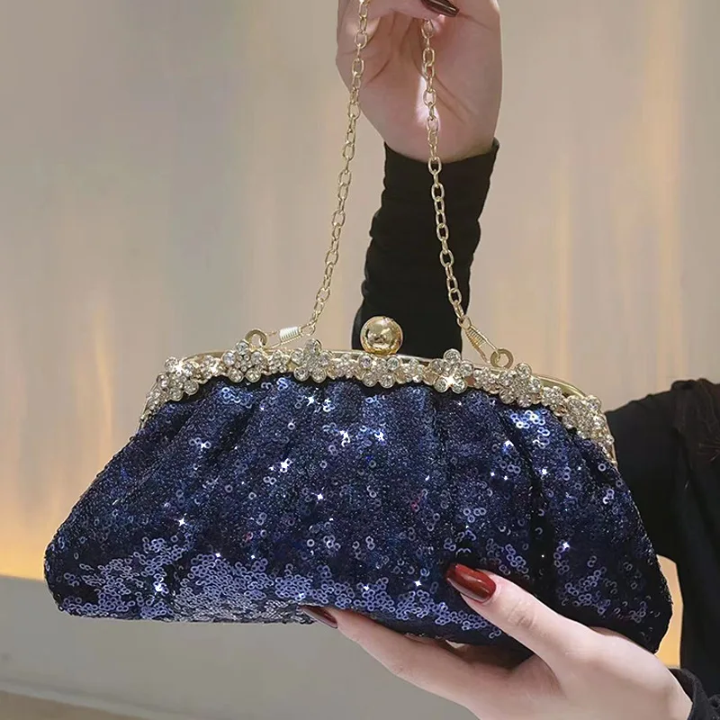 

2025 New Blue Clutch Bag for Women Elegant Sequin Chain Evening Bag Prom Party Wedding Purse Matching Luxury Sparkly Bag