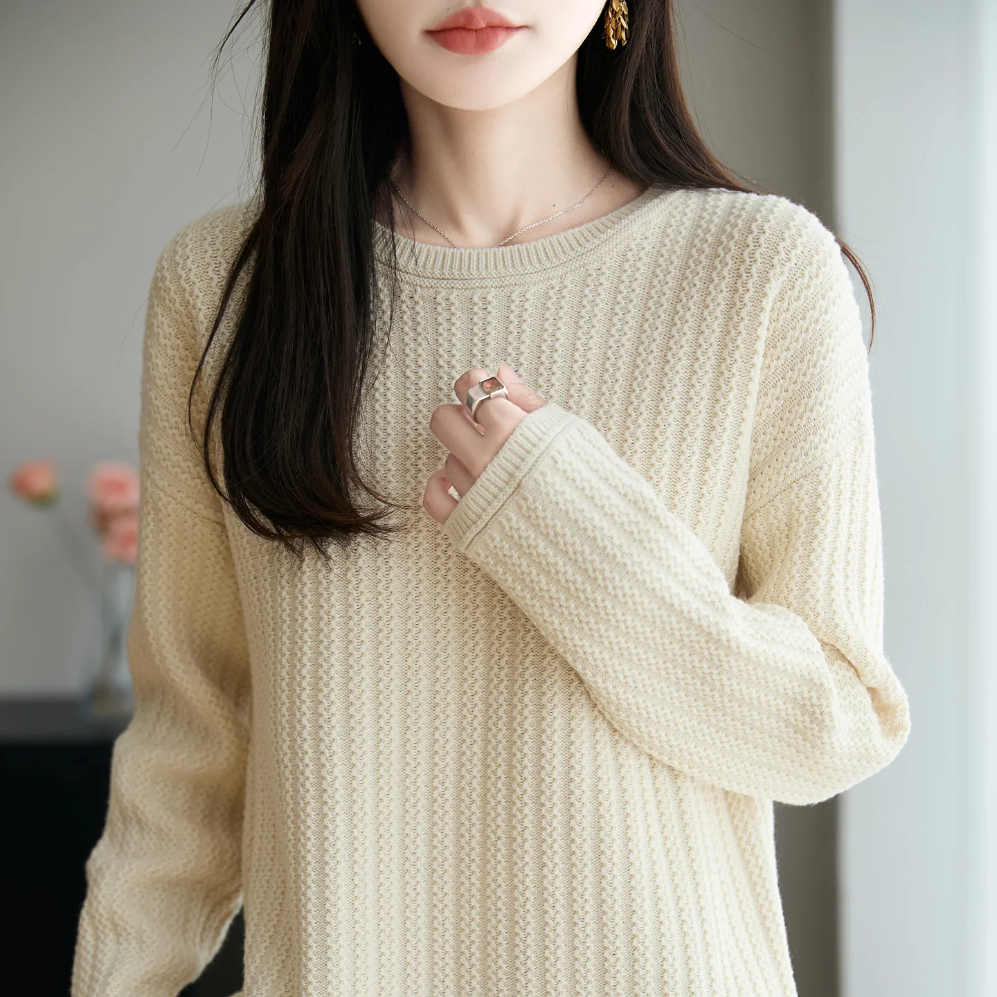 

Women's 100% pure cotton O-neck pullover sweater autumn and winter casual knitted sweater loose and hot selling women's top