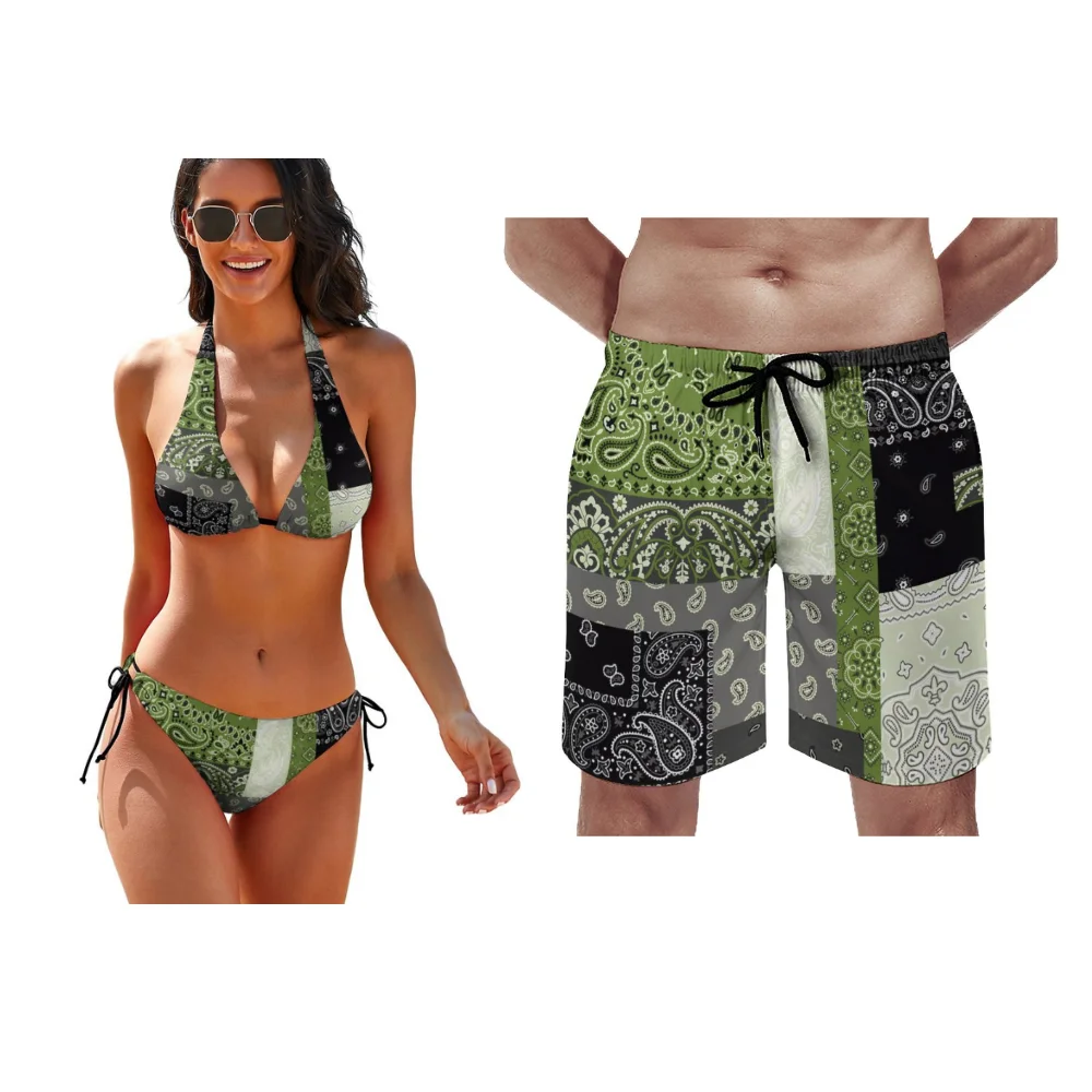 Bandana Rib letnie seksowne Bikini na plażę dla par spersonalizowane stroje kąpielowe spersonalizowane męskie spodenki zestaw dla par